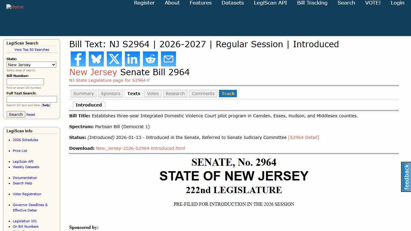 Bill Text: NJ S2964 2026-2027 Regular Session Introduced LegiScan