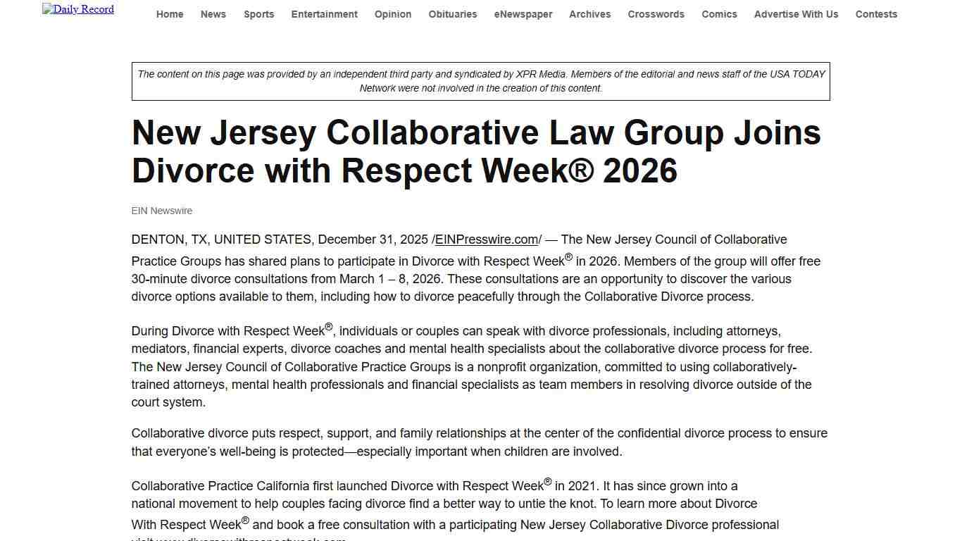New Jersey Collaborative Law Group Joins Divorce with Respect Week® 2026 - Daily Record